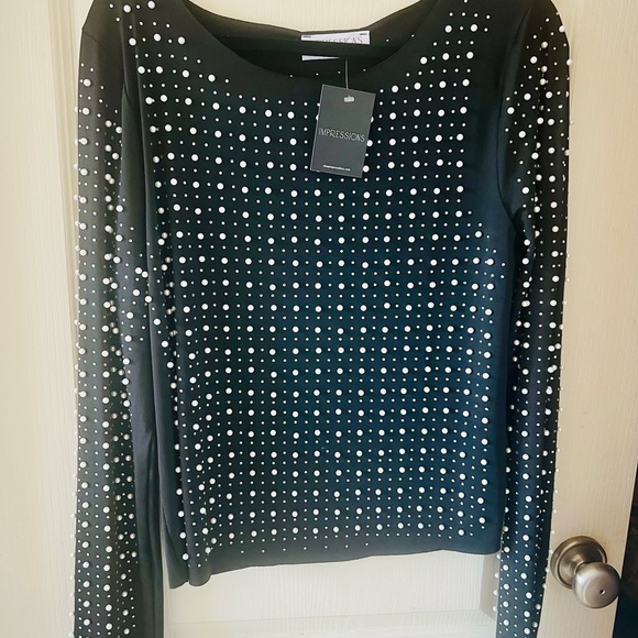 Impressions Tops - Black Mesh Embelished statement top with Pearls and Rhinestones